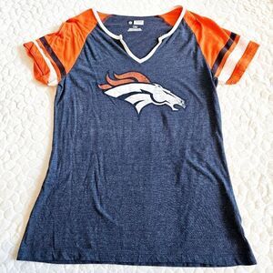 Broncos NFL team apparel split crew neck ringer baseball jersey distressed large